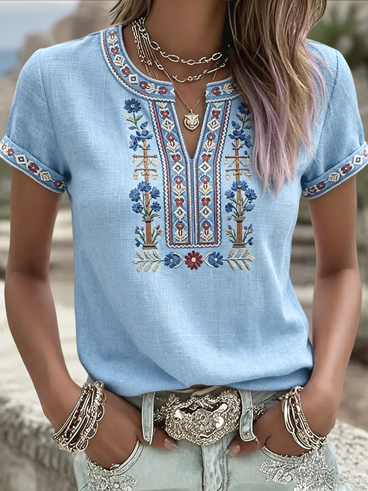 Dámské švédské letní symetrické květinové umění denní vneck tshirt