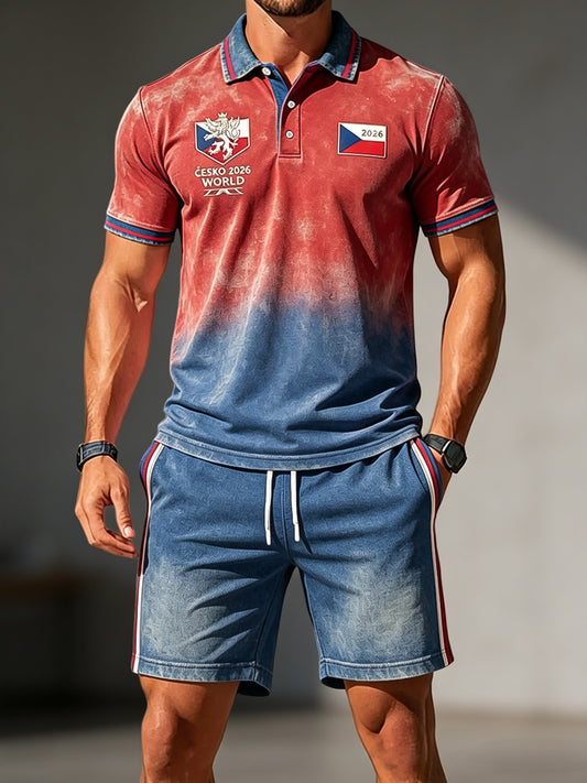 Mens czech republic 2026 soccer gradient casual polo shorts set