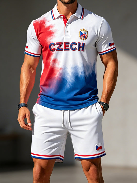 Pánské české 2026 fotbalové ventilátor gradient casual polo šortky sada