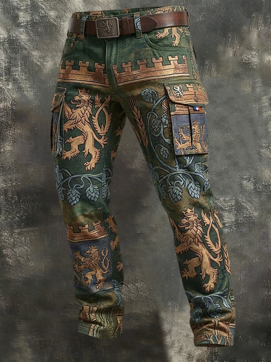 Vintage abstract czech lion print casual work pants