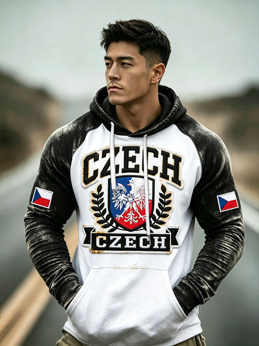 Pánské czech flag patchwork print vintage hooded sweatshirt