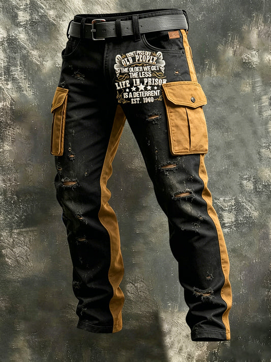 Pánské retro old fuckers club art print casual workwear kalhoty
