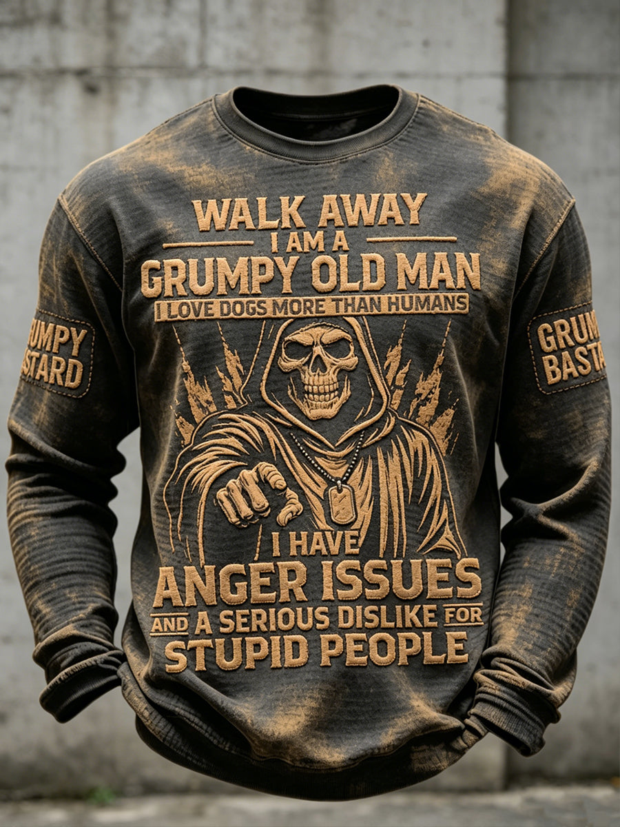 Pánské drsný starý muž vytištěný vafle dlouhými rukávy s kulatým krkem sweatshirt