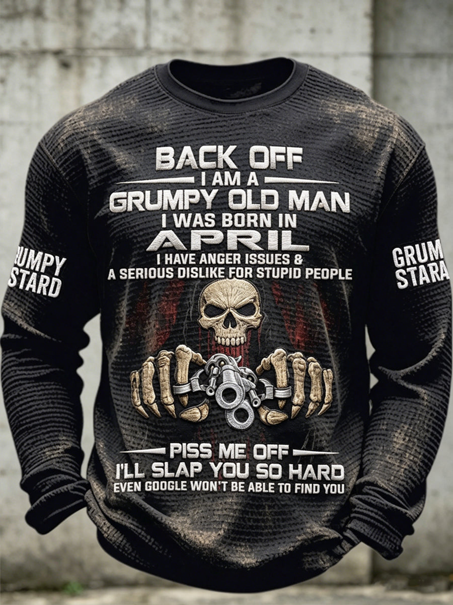 Pánské drsný starý muž vytištěný vafle dlouhými rukávy s kulatým krkem sweatshirt