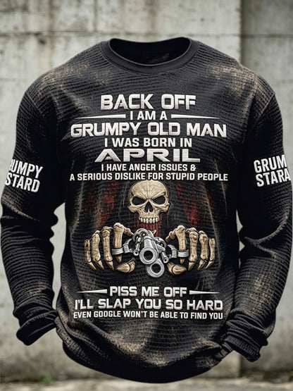 Pánské drsný starý muž vytištěný vafle dlouhými rukávy s kulatým krkem sweatshirt
