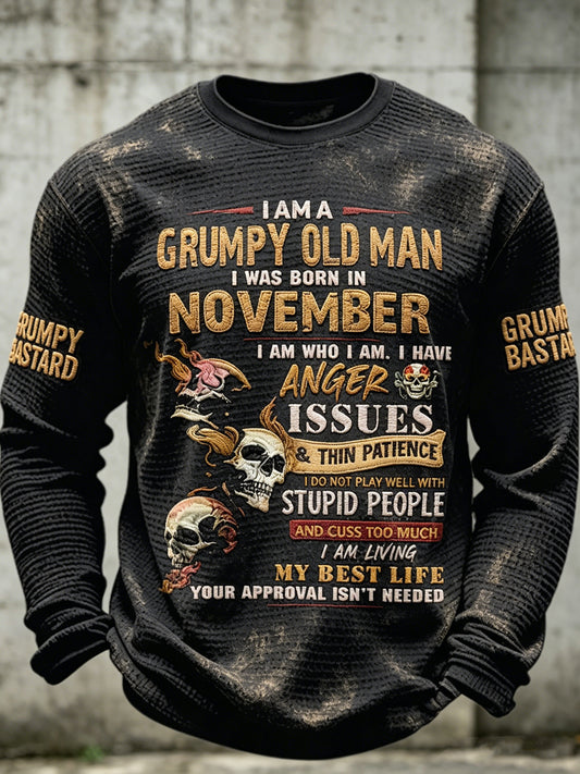Men old fuckers club printed waffle long sleeved round neck sweatshirt