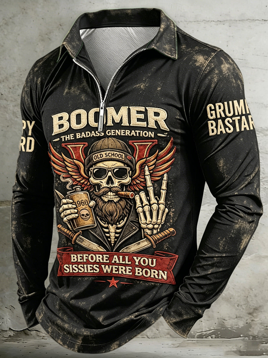 Men old fuckers club printed half zipper revers long sleeved polo