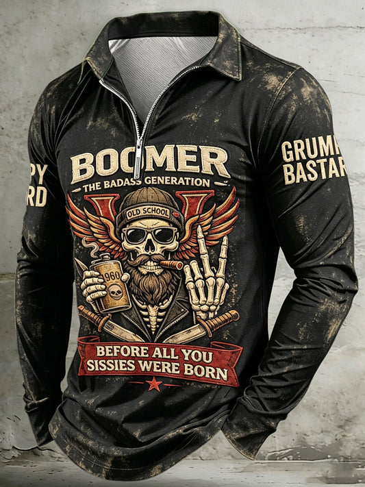 Men old fuckers club printed half zipper revers long sleeved polo