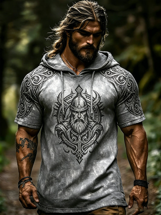 Pánské retro vikingthemed printed casual shortsleeve hoodie