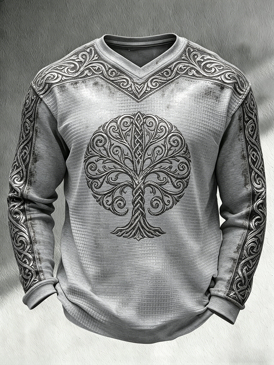 Pánské retro vikingthemed print casual vaflepletené vneck s dlouhým rukávem top