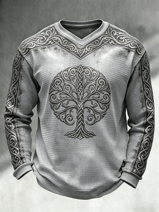 Pánské retro vikingthemed print casual vaflepletené vneck s dlouhým rukávem top