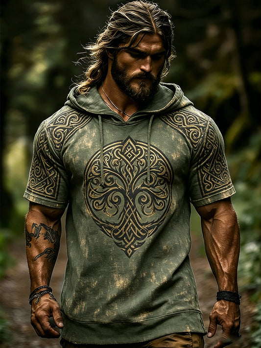 Pánské retro vikingthemed printed casual shortsleeve hoodie