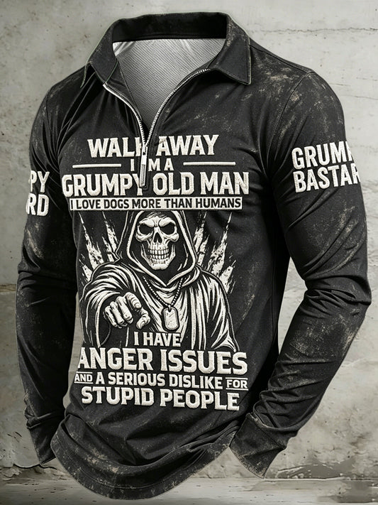 Men old fuckers club printed half zipper revers long sleeved polo