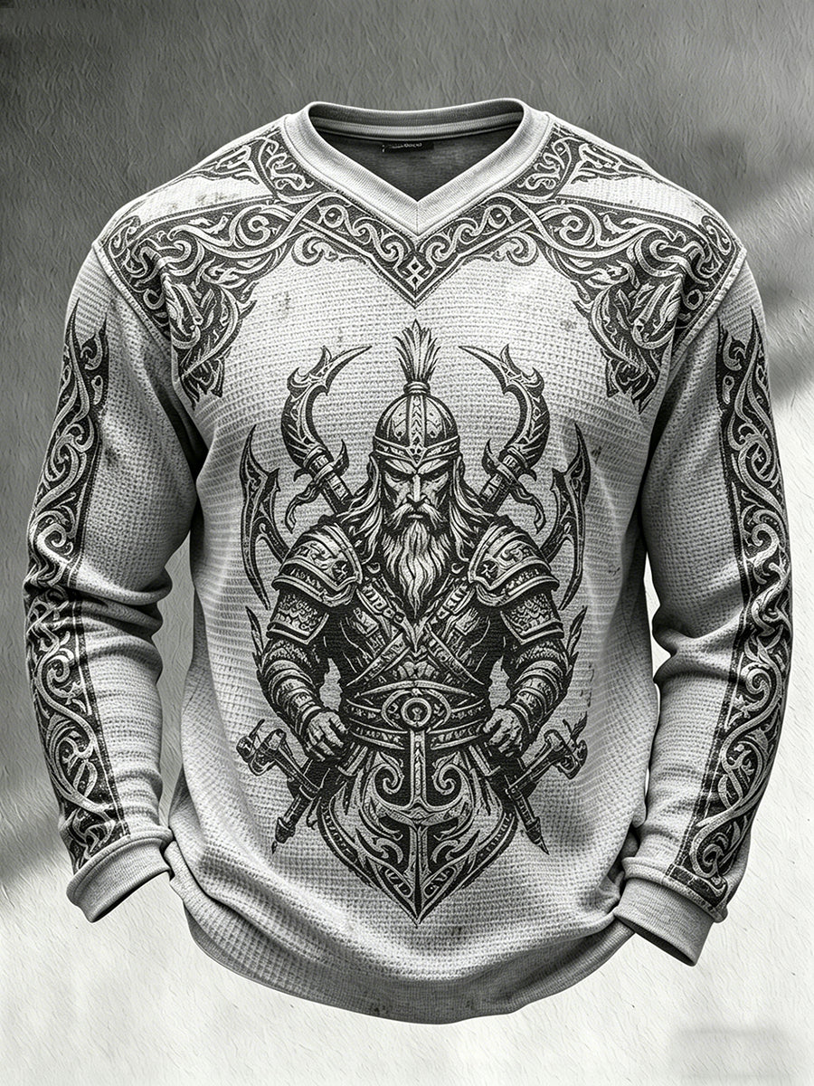 Pánské retro vikingthemed print casual vaflepletené vneck s dlouhým rukávem top