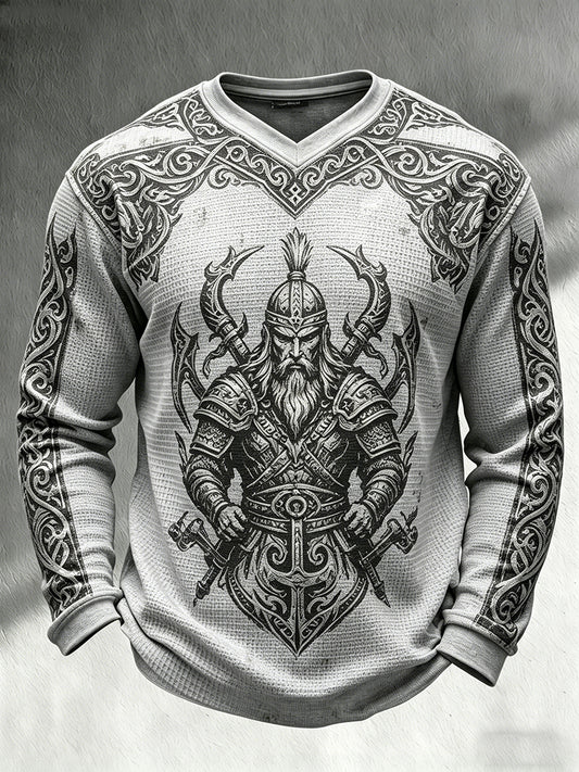 Pánské retro vikingthemed print casual vaflepletené vneck s dlouhým rukávem top